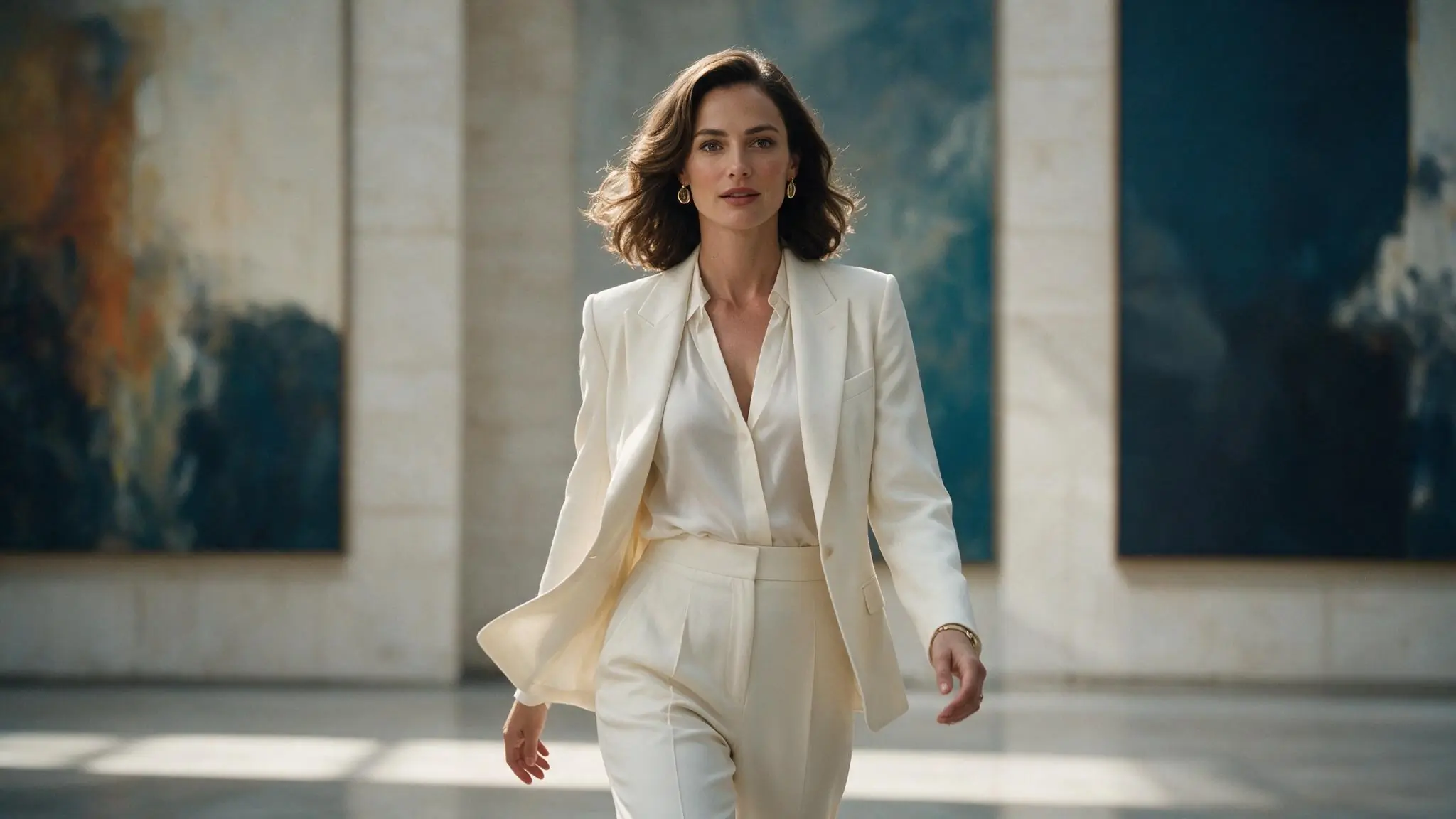 Fictional adult gallery director in an ivory suit illustrating a text-to-image composition